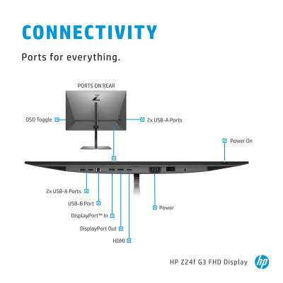 HP Z24f G3 HP Z24f G3 Display, 23.8" FHD (1920x1080), 16:9, IPS 250 nits, 93 PPI, HP Eye Ease, DP 1.2 In, DP 1.2 Out, HDMI 1.4, 4xUSB-A 3.2 Gen 1, 1x USB-B, 99% sRGB, 85% DCI P3, Height Adjustable 150mm, Tilt -5/+20, Swivel +/- 45, Pivot+/- 90, Factory Ca