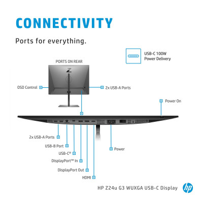 HP Z24u G3 Docking Display HP Z24u G3 Docking Display, 24" WUXGA (1920x1200), 16:10, IPS 300 nits, USB-C 3.2 Gen 2 100 Watt Power Delivery, 94 PPI, HP Eye Ease, USB-C 3.2 Gen 2, HDMI, DP 1.4 in, DP 1.4 out, USB-C 3.2 Gen 2, 3xUSB-A 3.2 Gen 1, RJ45 (in Ban