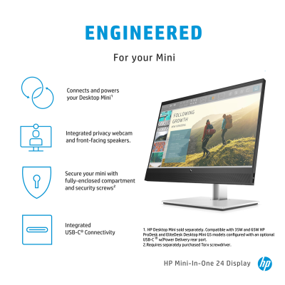 HP Mini-in-One 24. 60,5 cm (23.8 Zoll), 1920 x 1080 Pixel,  Full HD,  LED, Reaktionszeit: 14 ms, Natives Seitenverhältnis: 16:9, Blickwinkel, horizontal: 178°, Blickwinkel, vertikal: 178°. Eingebaute Lautsprecher. Integrierter USB-Hub, USB-Hub-Version: 3.