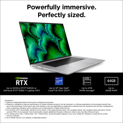 (%)HP ZBook Studio G9  i9-12900H, 16.0" WQUXGA (3840 x 2400), Dreamcolor, anti-glare, 500 nits, 32GB (2x16GB), 1TB PCIe NVMe TLC SSD, Camera Privacy Key, Sure Start, Tamper Lock. Sure Recovery, NVIDIA RTX A2000 , 150 W Slim Smart external AC power adapter