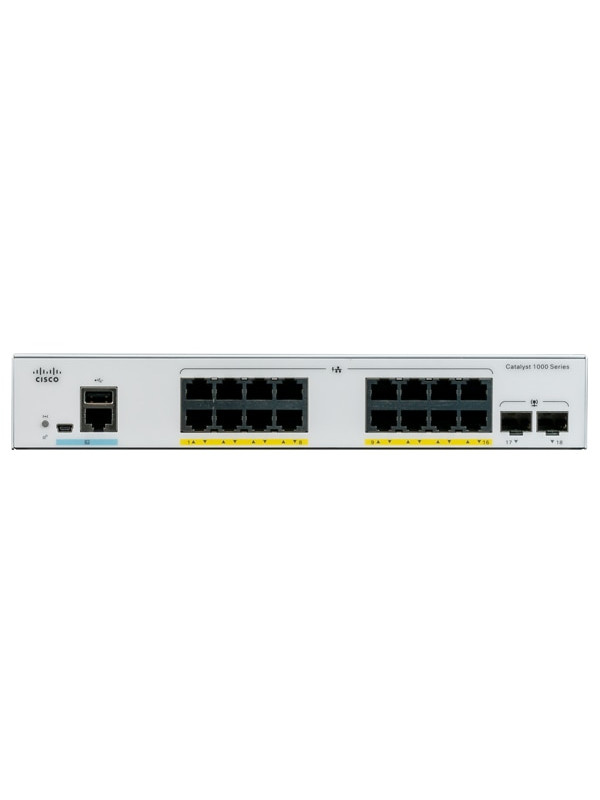 Cisco Catalyst C1000-16FP-2G-L - Managed - L2 - Gigabit Ethernet (10/100/1000) - Power over Ethernet (PoE) enterprise-class Layer 2 switch - 16x 10/100/1000 Ethernet PoE+ ports and 240W PoE budget - 2x 1G SFP uplinks - 16000 MAC addresses - 36 Gbps