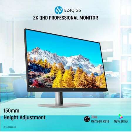 HP E24q G5 Display, 23.8" QHD, IPS, 300 nits, 99% sRGB, 4x USB-A, DP In, HDMI, USB-B, HP Eye Ease, Color Tuned, Garantie 5 Jahre