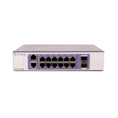 Extreme Networks 210-12P-GE2 - Managed - L2 - Gigabit Ethernet (10/100/1000) - 100 Gigabit Ethernet - Power over Ethernet (PoE) Series 12-port 10/100/1000BASE-T PoE+ (123W) - 2x 1GbE unpopulated SFP ports - 1x Fixed AC PSU - L2 Switching with Static Route