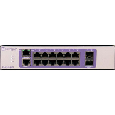 Extreme Networks 210-12t-GE2 - Managed - L2 - Gigabit Ethernet (10/100/1000) Series 12-port 10/100/1000BASE-T - 2x 1GbE unpopulated SFP ports - 1x Fixed AC PSU - L2 Switching with Static Routes