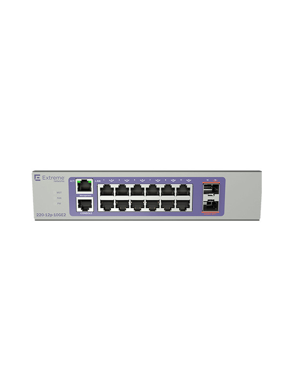 Extreme Networks 220-12P-10GE2 - Managed - L2/L3 - Gigabit Ethernet (10/100/1000) - Power over Ethernet (PoE) - Rack-Einbau - 1U Series 12 port 10/100/1000BASE-T PoE+ (123W) - 2 10GbE unpopulated SFP+ ports - 1 Fixed AC PSU - L2 Switching with RIP and Sta