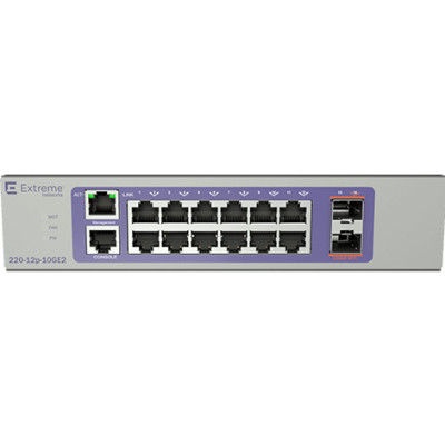 Extreme Networks 220-12P-10GE2 - Managed - L2/L3 - Gigabit Ethernet (10/100/1000) - Power over Ethernet (PoE) - Rack-Einbau - 1U Series 12 port 10/100/1000BASE-T PoE+ (123W) - 2 10GbE unpopulated SFP+ ports - 1 Fixed AC PSU - L2 Switching with RIP and Sta