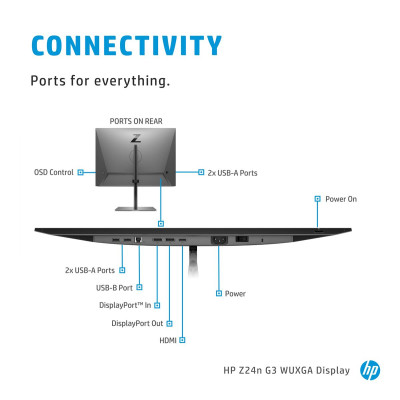 HP Z24n G3. 61 cm (24 Zoll), Display-Auflösung: 1920 x 1200 Pixel,  WUXGA,  LED, Reaktionszeit: 5 ms, Natives Seitenverhältnis: 16:9, Bildwinkel, horizontal: 178°, Bildwinkel, vertikal: 178°. Integrierter USB-Hub, USB-Hub-Version: 3.2 Gen 1 (3.1 Gen 1). V