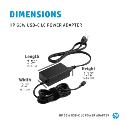 HP 65 W USB-C LC-Netzteil. Zweck: Notebook, Netzteiltyp: Indoor, Ausgangsleistung: 65 W. Schwarz. Breite: 90 mm, Tiefe: 51 mm, Höhe: 28,5 mm. Menge pro Packung: 1 Stück(e), Mitgelieferte Kabel: AC, Verpackungstiefe: 235 mm