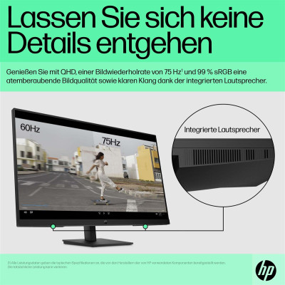 HP P32u G5. 80 cm (31.5 Zoll), 2560 x 1440 Pixel,  Quad HD, Reaktionszeit: 5 ms, Natives Seitenverhältnis: 16:9, Bildwinkel, horizontal: 178°, Bildwinkel, vertikal: 178°. Eingebaute Lautsprecher. USB-Hub-Version: 3.2 Gen 1 (3.1 Gen 1). VESA-Halterung. Sch