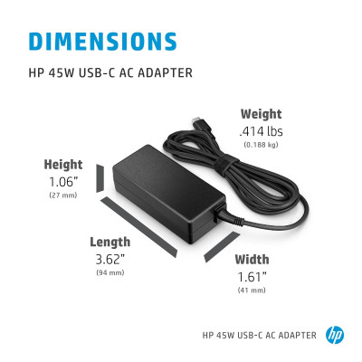 HP 45 W USB-C-Netzteil. Zweck: Notebook, Netzteiltyp: Indoor, Ausgangsleistung: 45 W. DC-Ausgang Volt: 15V. Stecker: USB-C. Schwarz. Breite: 94 mm, Tiefe: 42 mm, Höhe: 28 mm