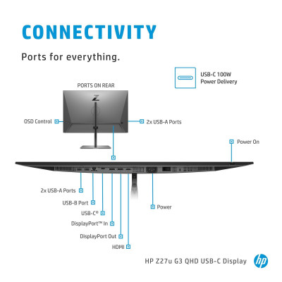 HP Z27u G3. 68,6 cm (27"), Display-Auflösung: 2560 x 1440 Pixel,  2K Ultra HD,  LED, Reaktionszeit: 5 ms, Natives Seitenverhältnis: 16:9, Bildwinkel, horizontal: 178°, Bildwinkel, vertikal: 178°. Integrierter USB-Hub, 3 Jahre HP Garantie