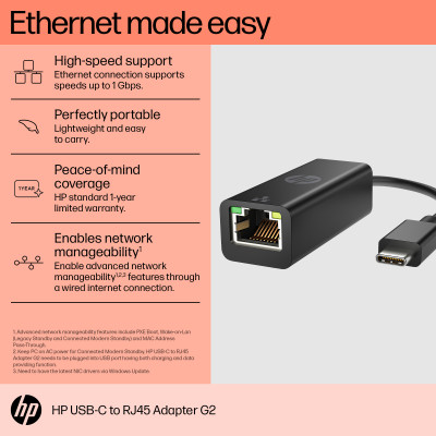 HP USB-C to RJ45 Adapter G2. USB Typ-C, Ausgangsschnittstelle: RJ-45. Schwarz. HP-Segment: Haus.  Windows 10, Windows 11. Breite: 180 mm, Tiefe: 20,6 mm, Höhe: 16,5 mm