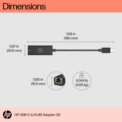 HP USB-C to RJ45 Adapter G2. USB Typ-C, Ausgangsschnittstelle: RJ-45. Schwarz. HP-Segment: Haus.  Windows 10, Windows 11. Breite: 180 mm, Tiefe: 20,6 mm, Höhe: 16,5 mm