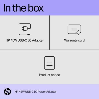 HP 45W USB-C-LC-Netzadapter. Zweck: Notebook, Ausgangsleistung: 45 W. Breite: 94 mm, Tiefe: 40 mm, Höhe: 26,5 mm