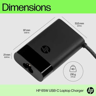 HP USB-C 65W Laptop-Ladegerät. Zweck: Laptop, Netzteiltyp: Drinnen, Eingangsspannung: 90 V. Schwarz. Kabellänge: 0,18 m, Breite: 97 mm, Tiefe: 53,5 mm. Menge pro Packung: 1 Stück(e), Mitgelieferte Kabel: USB Typ-C, Verpackungsbreite: 97 mm. Palettengewich