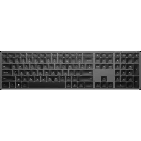 HP 975 Drahtlose Dual-Mode-Tastatur, 2mm Tastenhub, Verbindung über BT 5.0 oder 2,4GHz Wireles, Tastaturbeluchtung, schweizer QWERTZ Layout, Li-Ion Aku f.bis zu 6 Monate, USB-C Anschluss f. Laden, 10 Reichweite 649g Gewicht, 7 hot keys, 1 Jahr Garantie