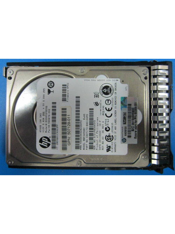 HPE 450GB hot-plug dual-port SAS HDD - 2.5 Zoll - 450 GB - 10000 RPM hard drive - 10,000 RPM - 6Gb/sec transfer rate - 2.5-inch small form factor (SFF) - Enterprise - SmartDrive Carrier (SC) - Not for use in MSA products