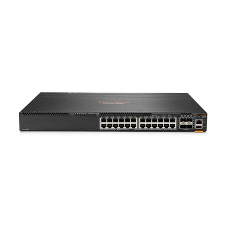 HPE Aruba 6300M - Switch - L3 - managed - 24 x 10/100/1000 + 4 x 1 Gigabit / 10 Gigabit / 25 Gigabit / 50 Gigabit SFP56 (Uplink / Stacking) HPE Renew Produkt,  Front und Seite zu Hinterseite - an Rack montierbar