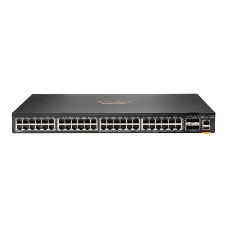 HPE Aruba 6300F - Switch - L3 - managed - 48 x 10/100/1000 + 4 x 1 Gigabit / 10 Gigabit / 25 Gigabit / 50 Gigabit SFP56 (Uplink / Stacking) HPE Renew Produkt,  Front und Seite zu Hinterseite - an Rack montierbar