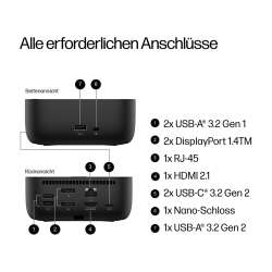 HP USB-C 100W G6 Dock, 2 USB Type-A 5 Gbit/s Signalrate (mit Ladefunktion) 1 HDMI 2.1, 2 x DisplayPort™ 1.4, 1 RJ-45 (2,5 GbE), 1 USB Type-C® 10 Gbit/s Signalrate mit 15W PD, 1 Jahr Garantie, Nachfolger v. 5TW10AA